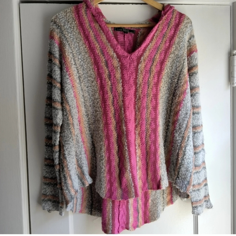 Lovestitch V-Neck Hooded Knit Pullover Sweater Women's M/L Large Colorful Stripe